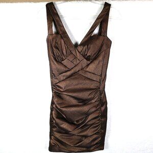 Jessica McClintock Bodycon Dress Womens 4 Bronze Metallic Ruched Mini Y2K Vtg